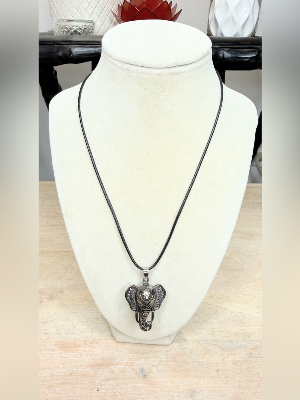 Elephant Pendant Necklace Silver Tone Filigree Boho Tribal Lucky 17” Statement